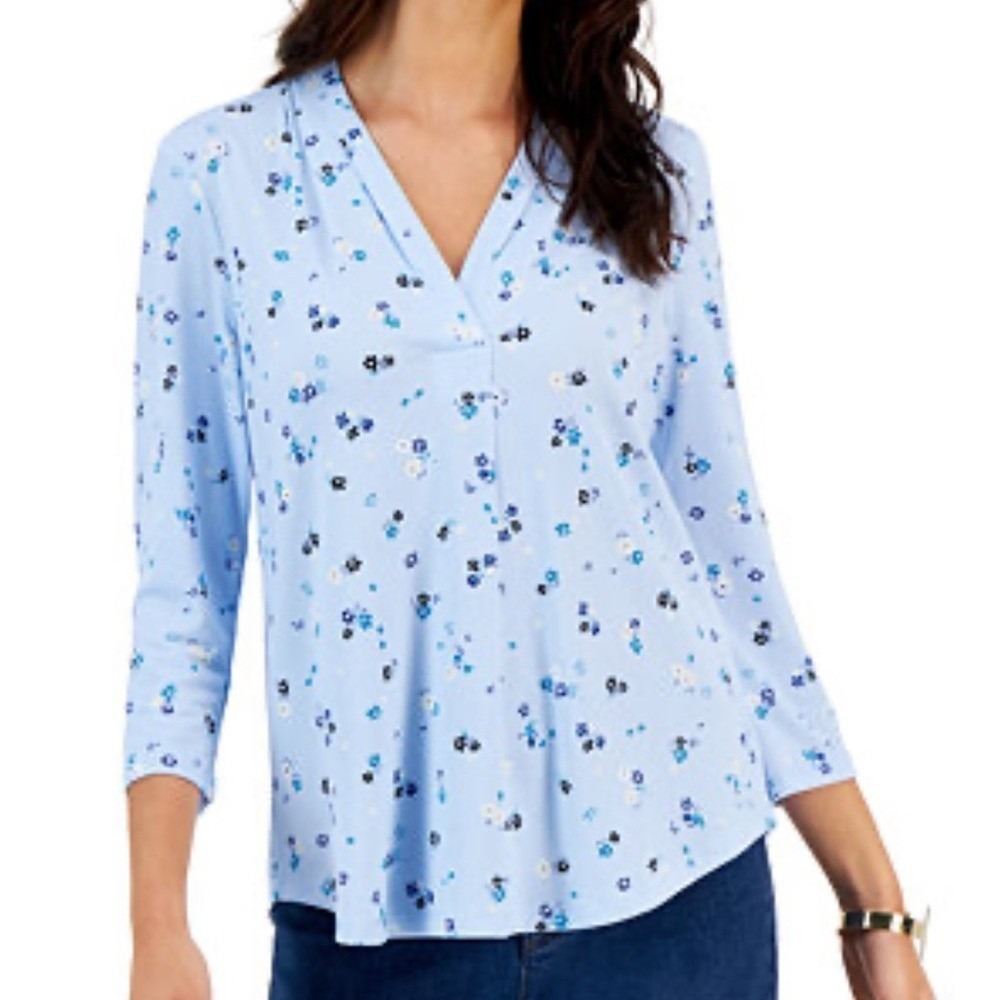 Charter Club Womens Floral Printed 3/4‎ Sleeve Blouse Blue Petite XL